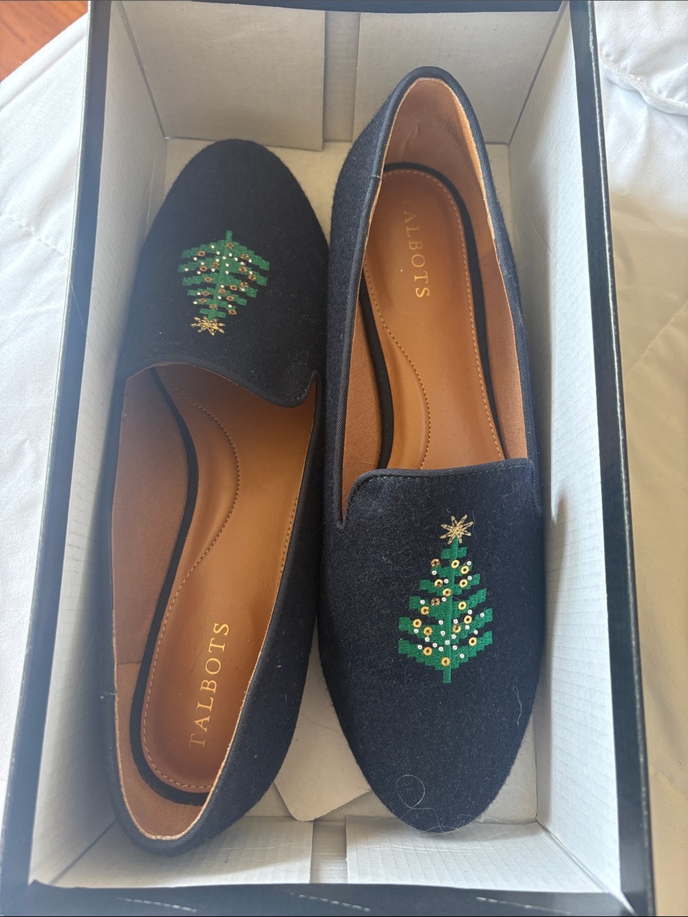 Talbots Black Wool Loafers with Green and Gold Christmas Tree Embroidery